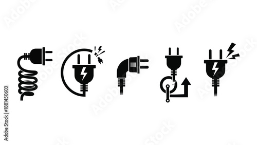 A collection of electrical plugs and power cord icons with lightning bolts.