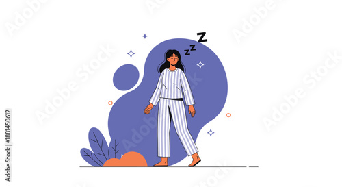 Woman wearing striped pajamas walks in her sleep with Z symbols floating around her head, illustrating somnambulism in a simple cartoon aesthetic.