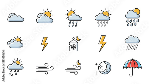 Set of weather forecast icons featuring various conditions like sun clouds rain lightning wind and moon on white background.