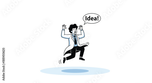 Excited scientist wearing a white lab coat jumps for joy with a speech bubble saying idea, representing innovation, discovery, and creative breakthrough.