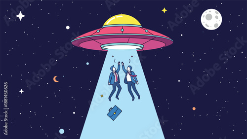 Surreal and humorous illustration of a flying saucer ufo beaming up two businessmen in suits amidst a starry space background with the moon.