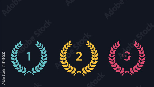 Three colorful laurel wreaths with numbers one two and the word third to denote rankings and results in a competition.
