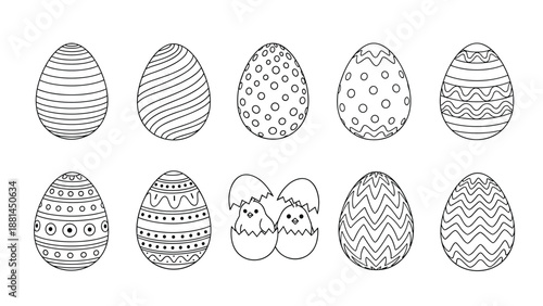 Detailed coloring page for kids featuring various patterned Easter eggs and cute little chicks hatching from shells in a simple line art style.