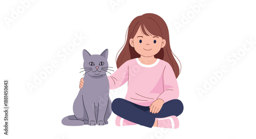 Sweet little girl with long brown hair sits cross-legged on the floor and gently pets her fluffy grey cat, expressing the bond between a child and pet.