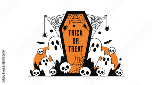 Spooky Halloween illustration with ghosts, skulls, and a coffin featuring the text trick or treat surrounded by cobwebs and bats on orange.