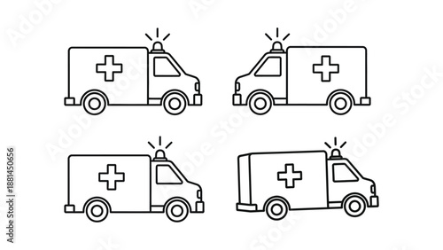 Four simple line drawings of ambulances with a cross symbol on the side.