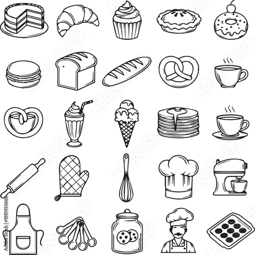BAKERY AND KITCHEN TOOLS LINE ICONS SET FOR PASTRY DESIGN