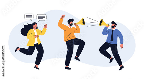 Group of diverse people communicates loudly using megaphones and speech bubbles, illustrating concepts of announcement, public speaking, and protest.