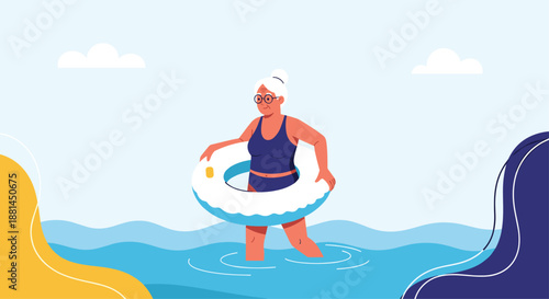 Energetic senior woman wearing a blue swimsuit and glasses walks through ocean water with a white inner tube, enjoying a fun day at the sunny beach.