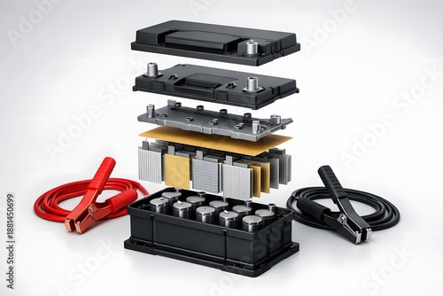 Exploded View of Car Battery Showing Internal Cells and Components for Energy Storage Technology Concept