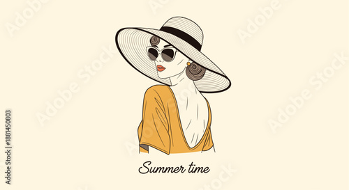 Elegant woman with a large straw hat and stylish sunglasses poses confidently for a summer themed illustration, capturing a sophisticated vacation vibe.