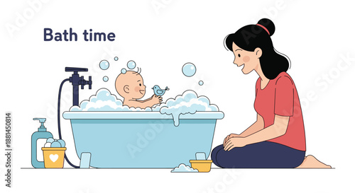 Caring mother washes her baby in a blue bathtub filled with bubbles and a toy bird, depicting a gentle and happy daily routine of infant hygiene care.