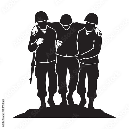 Three soldiers helping a wounded comrade on the battlefield, black silhouette vector illustration