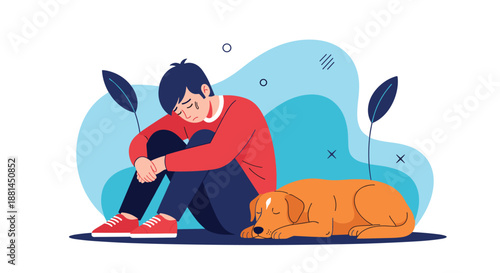 Lonely boy sits on the floor with his head down looking sad while his loyal dog sleeps beside him, representing themes of depression and comfort.