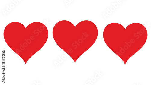Three bright red heart shapes are arranged in a row on a white background.