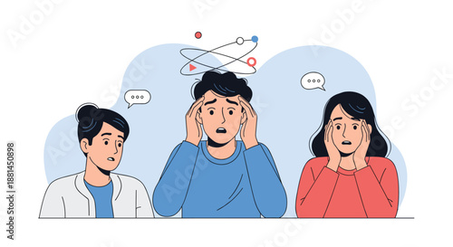 Group of confused and stressed people with swirling symbols over their heads, conveying mental health issues, burnout, and emotional overwhelmedness.