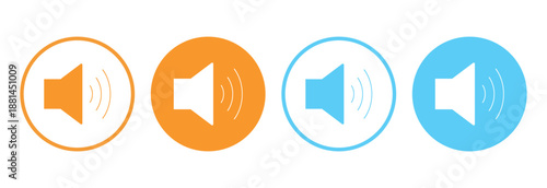Speaker volume icon set with solid and outline sound symbol. Speaker volume icon pair in outline and solid style with sound waves, audio loudspeaker symbol for media player controls. 