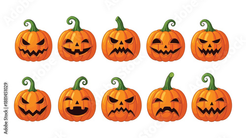 Ten illustrated pumpkins with carved spooky faces against a white background.