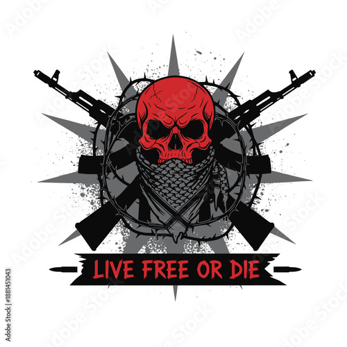 Grungy red skull with crossed rifles and Live Free Or Die banner quote vector illustration
