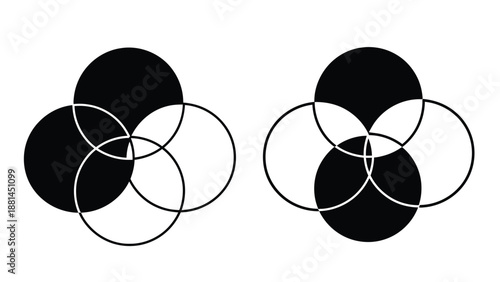 Two overlapping Venn diagrams illustrate relationships between sets, one with black and white circles.