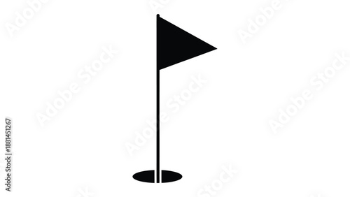 A black flag marks the golf hole on a white background