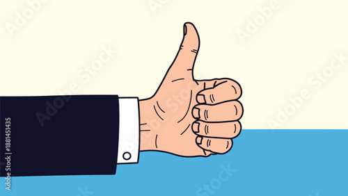 Detailed illustration of a hand in a suit sleeve giving a thumbs up gesture against a blue and beige background.