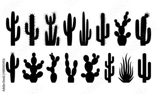 Black cactus silhouette collection showing desert plants isolated vector illustration set for design branding web projects usage assets