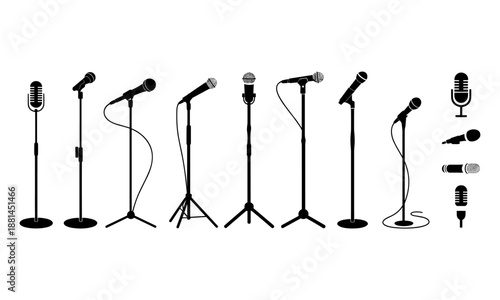 Black microphone stand silhouette collection showing studio audio recording equipment isolated vector illustration for podcast broadcasting music projects