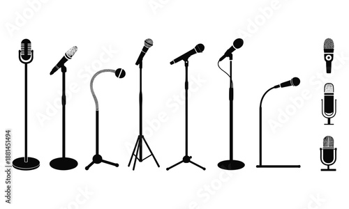 Black microphone stand silhouette set studio audio equipment collection isolated vector illustration for podcast broadcasting music recording projects