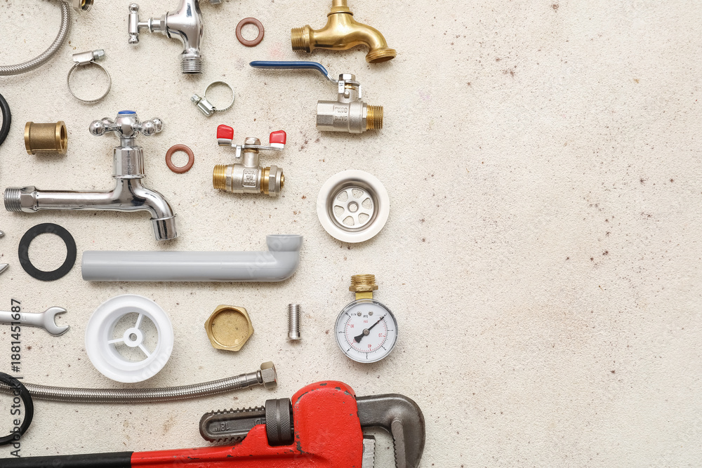 Fototapeta premium Set of plumber's items on white grunge background
