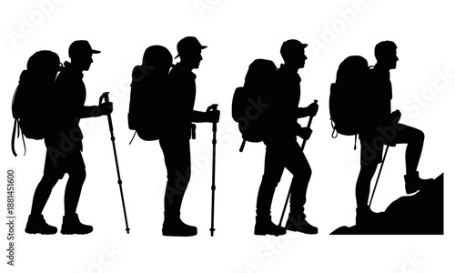 Hiking backpacker silhouettes trekking mountain trail adventure, outdoor traveler vector illustration isolated set for camping tourism expedition design