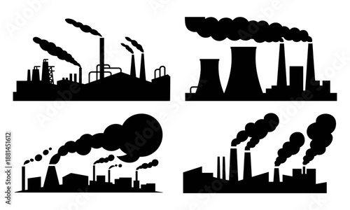 Industrial factory pollution silhouette collection, power plant smoke emissions illustration black vector set isolated environmental pollution concept design