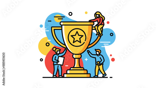 Group of people celebrating with a giant gold trophy cup on a colorful abstract background for success concept.