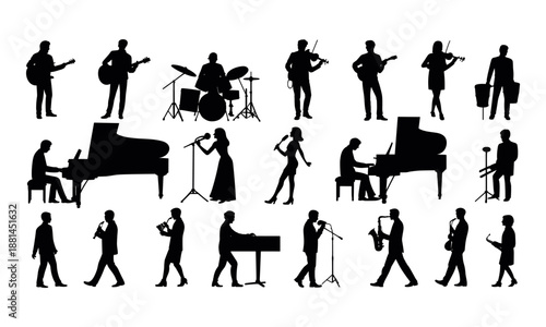 Musician silhouettes performing orchestra concert, guitar violin piano drum singer band vector illustration isolated set for stage design