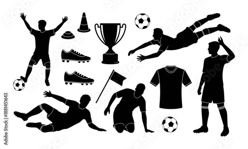 Soccer silhouette icon set featuring football players trophy ball equipment training elements isolated vector illustration collection design pack