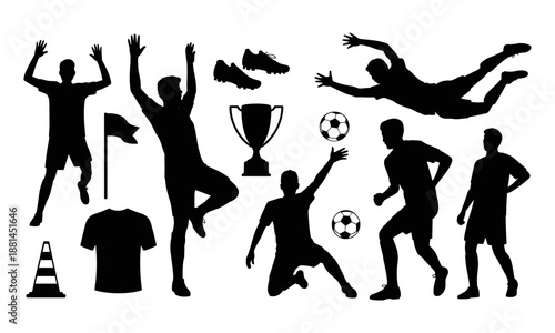 Soccer player silhouette collection showing football actions equipment icons isolated vector illustration set for sports design branding projects