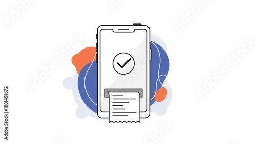 Mobile phone illustration with a successful checkmark and a receipt coming out of the screen on abstract background.