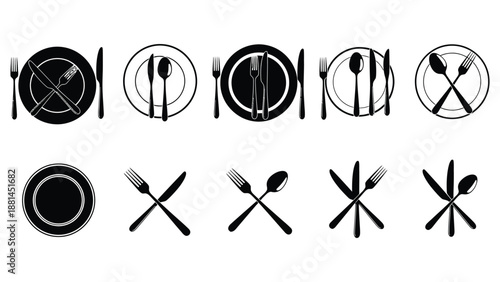 Collection of various place settings with plates, forks, knives, and spoons.