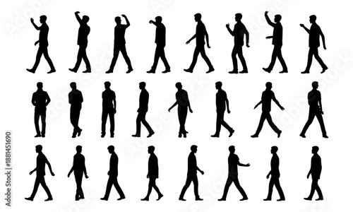 Walking man silhouette collection showing different human poses isolated vector illustration set for animation motion design presentation projects