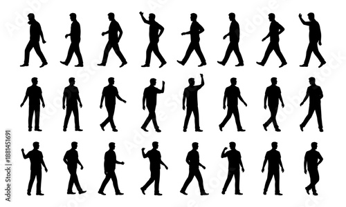 Walking man silhouette collection showing various human motion poses isolated vector illustration set for animation presentation projects usage