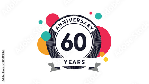 Stylish 60th anniversary badge with colorful confetti dots and a ribbon banner for special celebration event.