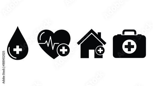 Medical icons representing blood, heart health, home care, and first aid kit.