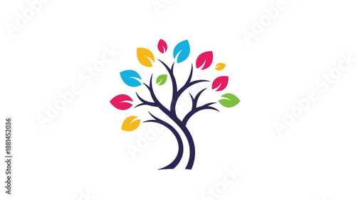 Artistic tree illustration with a dark purple trunk and vibrant multi-colored leaves representing diversity and nature.