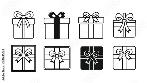 Eight stylized vector gift boxes with bows are displayed in two rows.