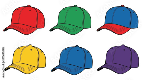 A collection of six different colored baseball caps are displayed.