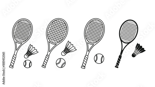 Tennis rackets, shuttlecocks, and tennis balls are depicted in a line.