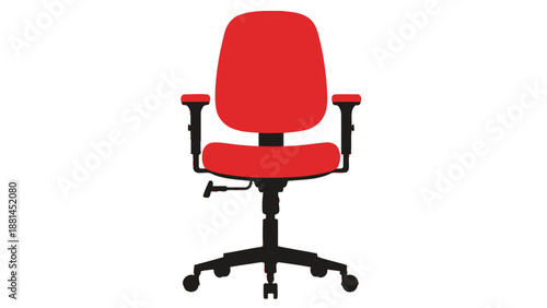 A bright red office chair with black accents and wheels is shown against a white background.