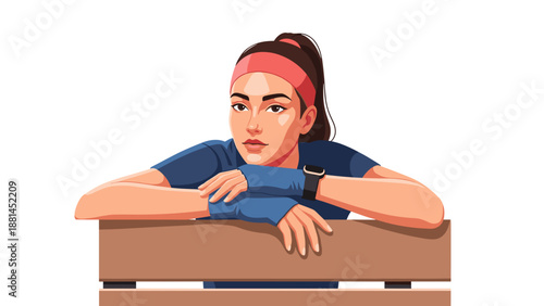 Tired female athlete resting after workout on bench illustration