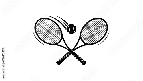 Detailed black and white silhouette of two crossed tennis rackets with a moving ball on a plain white background.