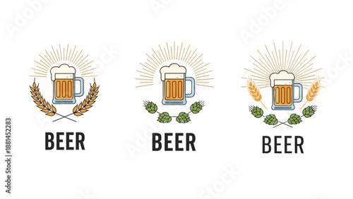 Set of three beer logos featuring a mug of frothy beer surrounded by wheat ears and hop cones with sunburst rays.